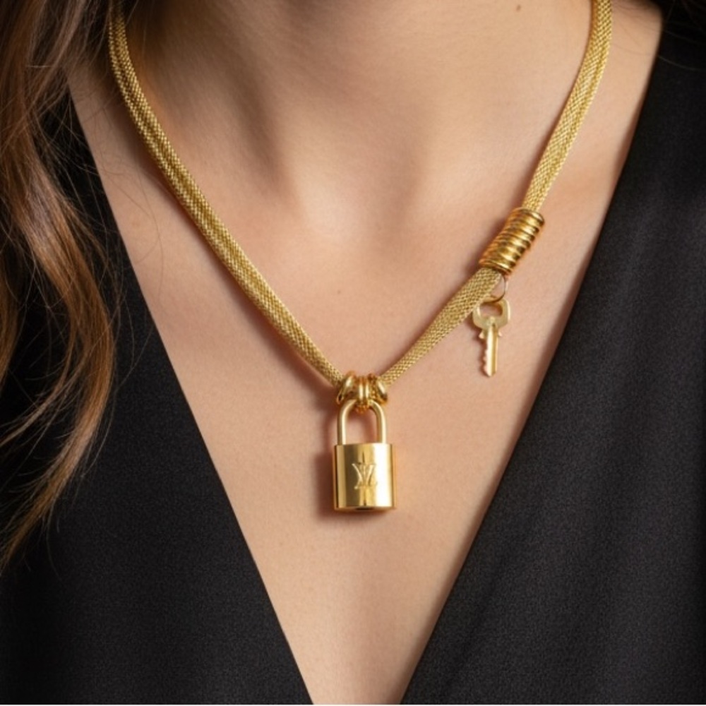 LOUIS VUITTON Padlock & Key w/Vintage Unbranded 24K Gold Filled Double Necklace - Picture 2 of 10